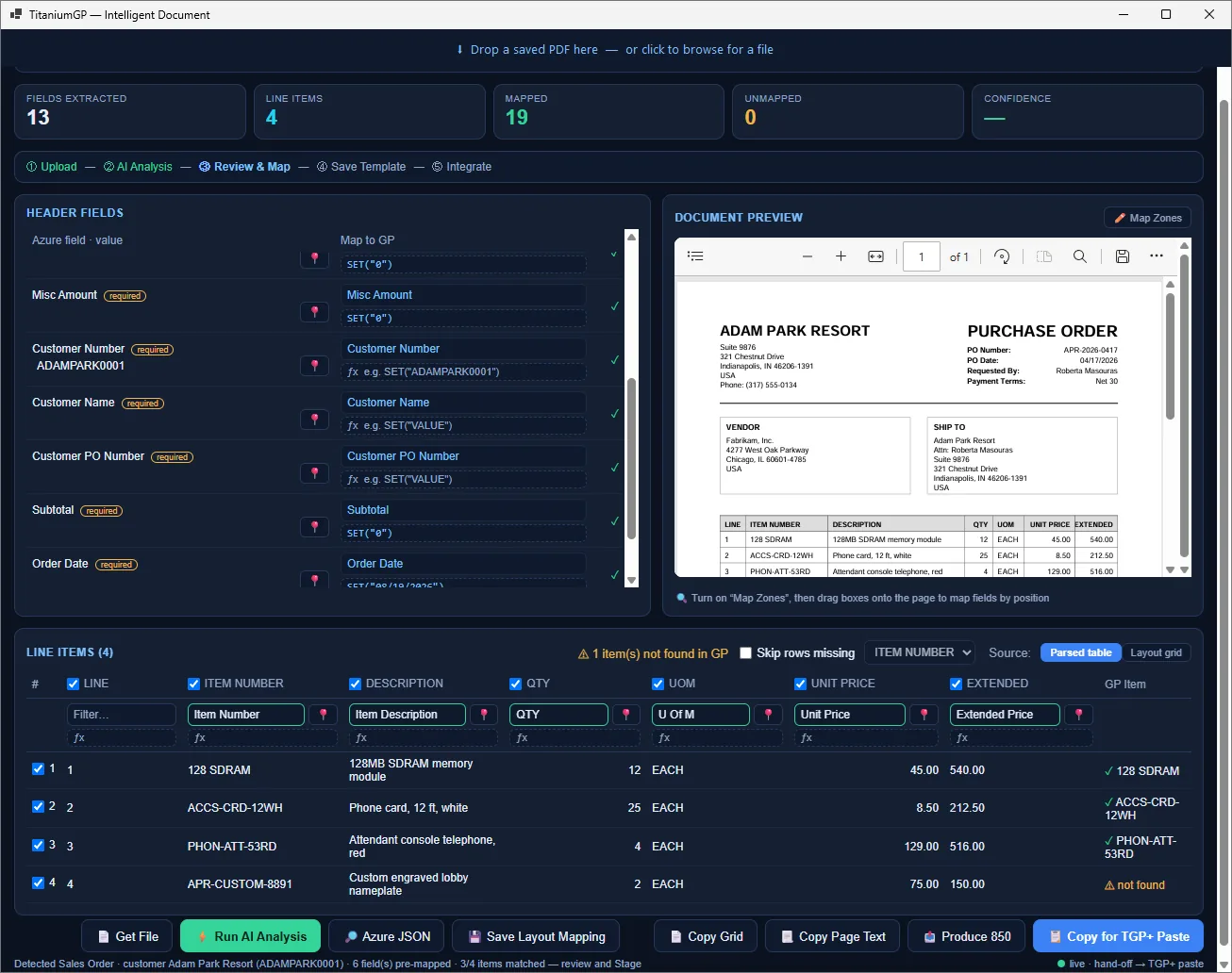 AI reads the document and extracts every field and line item