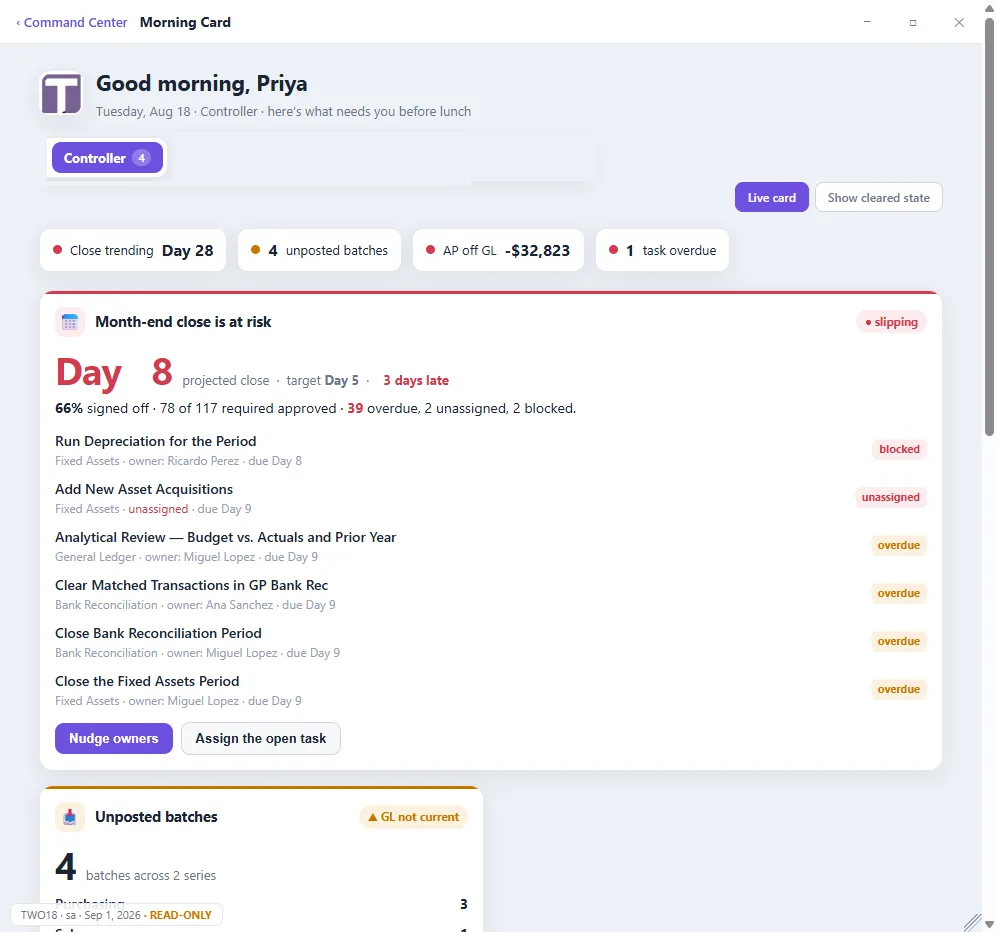 Month-end close tracking with owners and due dates
