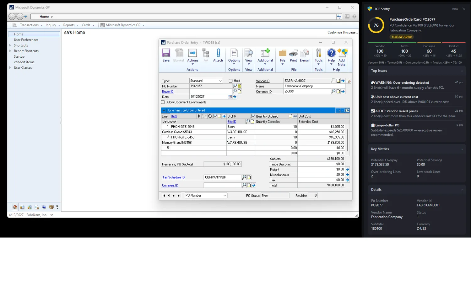 PO confidence scoring, right beside the Purchase Order window