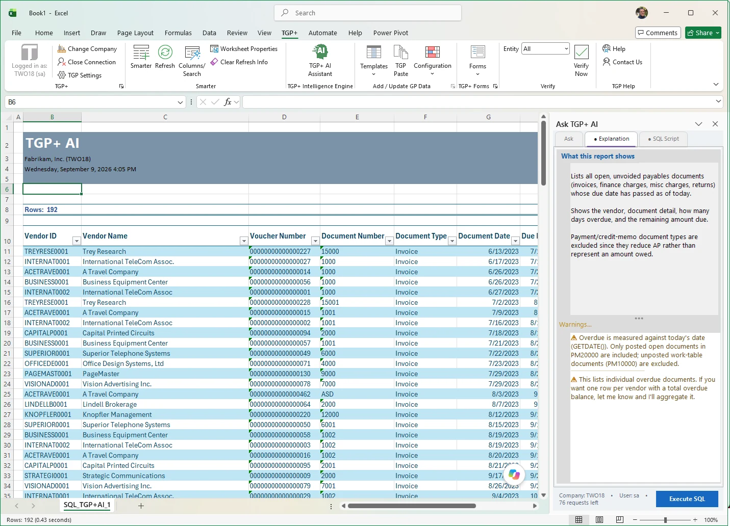 The Ask TGP+ AI Explanation tab in Excel, describing what the returned payables report contains and warning which document types were excluded